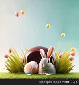 bunny and decorative eggs on green grass and flowers for easter holiday celebration background card with empty space