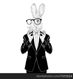 bunny dressed up in tuxedo adjusting his tie bow, anthropomorphic illustration, fashion animals