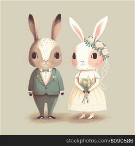 Bunny rabbits bride and groom. Lovely wedding couple. Two cute animals. Just Married. Bunny rabbits bride and groom. Lovely wedding couple. Just Married