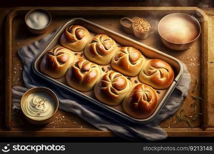 buns baked on baking tray for sweet breakfast, created with generative ai. buns baked on baking tray for sweet breakfast