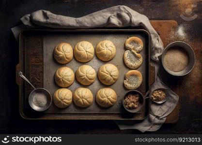 buns in shape and homemade biscuits on baking tray for cooking, created with generative ai. buns in shape and homemade biscuits on baking tray for cooking