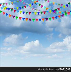 Bunting flags on a blue sky as a group of hanging an advertising and marketing icon of happy celebration for a birthday or special event as a design element for communication with copy space.