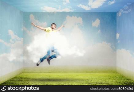 Buoyant and happy. Young man jumping in sky in 3d room