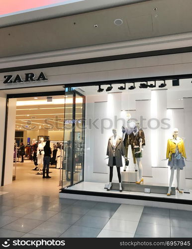 Burgas, Bulgaria - March 19, 2018: Zara store in Burgas. Zara is a Spanish clothing and accessories retailer based in Arteixo, Galicia.