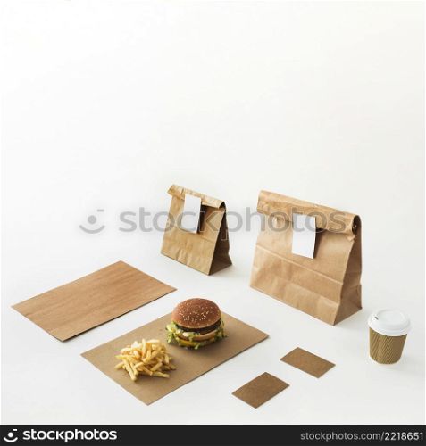 burger disposal cup french fries food parcel isolated white backdrop