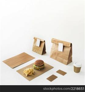 burger disposal cup french fries food parcel isolated white backdrop