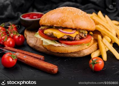 Burger, hamburger with french fries cutting board
