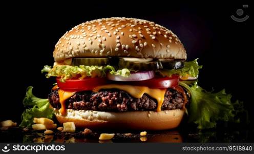 Burger in photo focus with a black background , Generate AI