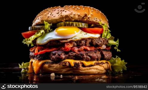 Burger in photo focus with a black background , Generate AI