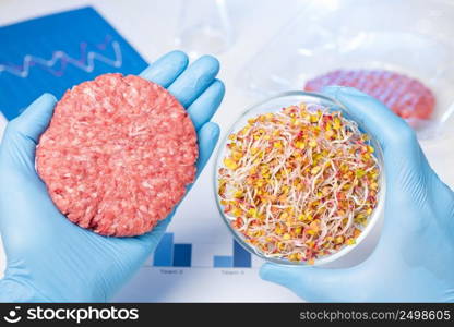 Burger putty in one hand and plant sprouts material in Petri dish. Laboratory vegetarian hamburger meat substitute concept.