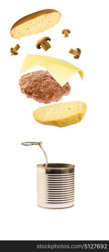 burger with cheese and mushrooms floating against white background