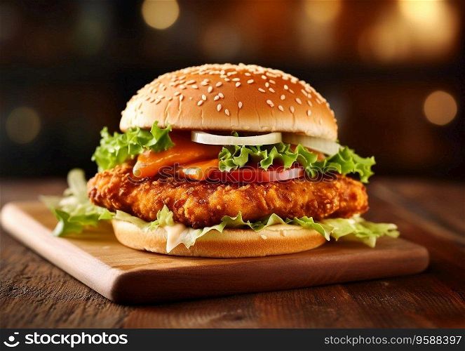 Burger with crispy fried chicken and lettuce on wooden board.Ai Generative
