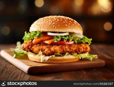 Burger with crispy fried chicken and lettuce on wooden board.Ai Generative