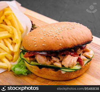 Burger with fries on wooden rustic Board