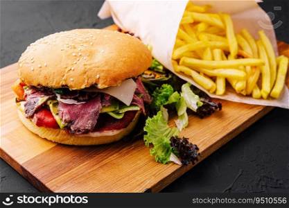 burger with jerky meat with fries