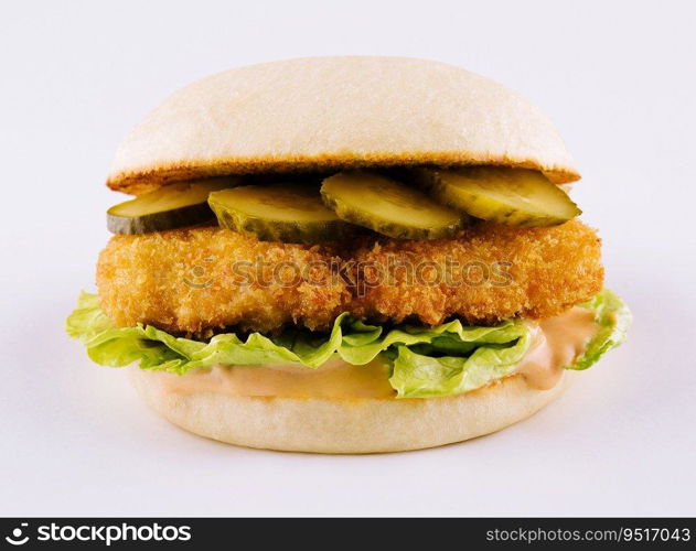 burger with nuggets and pickled cucumbers