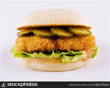 burger with nuggets and pickled cucumbers