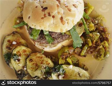 Burger with Onion Bun and Baked Zuchinni