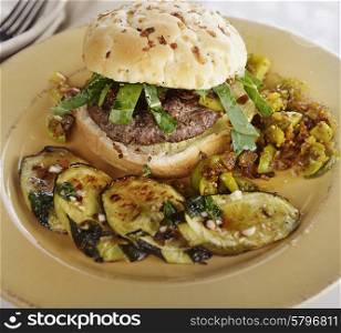 Burger with Onion Bun and Baked Zuchinni