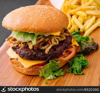 burger with onion chips and fries
