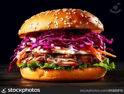 Burger with pulled pork meat with salad and coleslaw.AI Agenerative