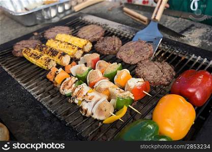 Burgers and Kebabs on Barbecue Grill