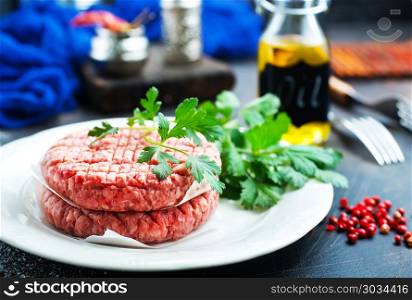 burgers. raw burgers on white plate with spice and salt