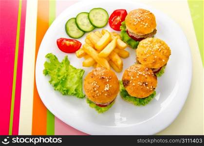 Burgers with french fries in plate