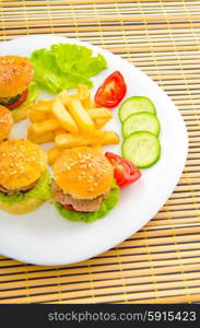 Burgers with french fries in plate