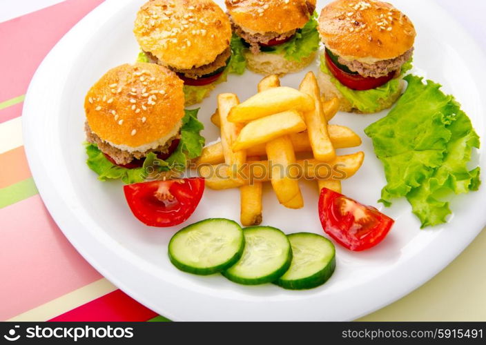 Burgers with french fries in plate