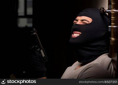 Burglar wearing balaclava mask at crime scene