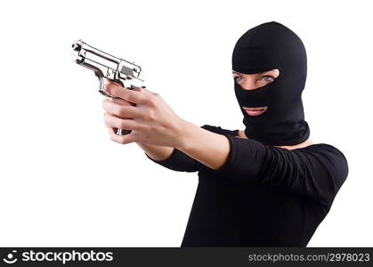 Burglar with handgun isolated on white