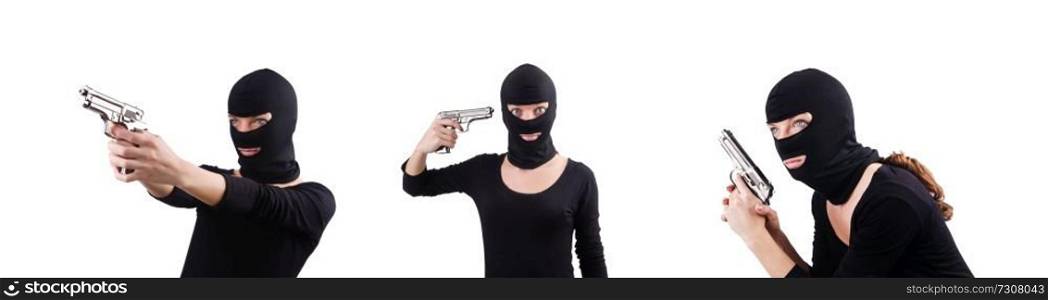 Burglar with handgun isolated on white