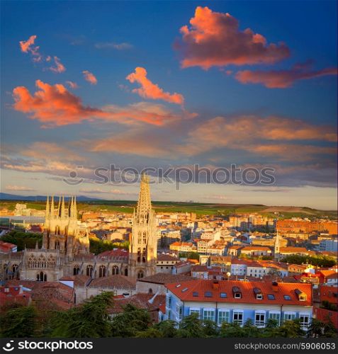 Burgos aerial view skyline sunset with Cathedral in Castilla Leon of Spain