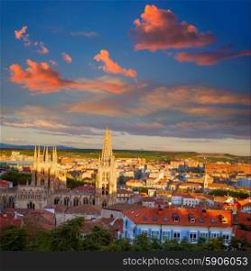 Burgos aerial view skyline sunset with Cathedral in Castilla Leon of Spain