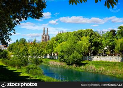 Burgos Arlanzon river and Cathedral in Castilla Leon of Spain