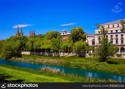Burgos Arlanzon river and Cathedral in Castilla Leon of Spain