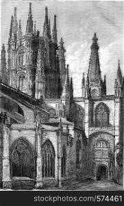Burgos Cathedral, facade of the Pellejeria, vintage engraved illustration. Magasin Pittoresque 1880.