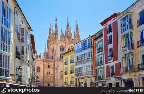 Burgos downtown colorful facades and Cathedral in Castilla Leon of Spain