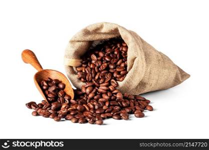 Burlap bag with coffee beans and wood scoop isolated on white background. Burlap bag with coffee beans and wood scoop