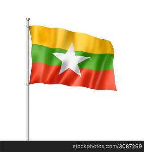 Burma Myanmar flag, three dimensional render, isolated on white. Burma Myanmar flag isolated on white