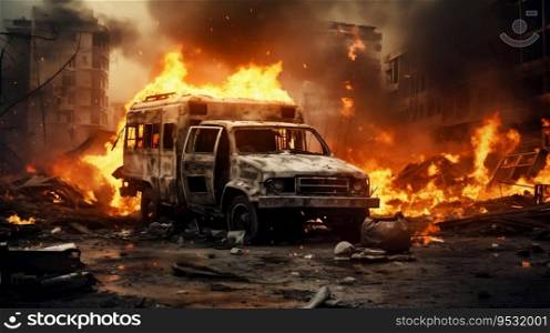 Burned Ambulance amidst Warzone City Devastation. Generative ai. High quality illustration. Burned Ambulance amidst Warzone City Devastation. Generative ai