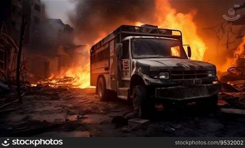 Burned Ambulance amidst Warzone City Devastation. Generative ai. High quality illustration. Burned Ambulance amidst Warzone City Devastation. Generative ai