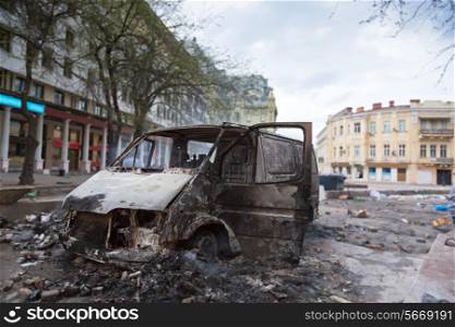 Burned car in the center of city after unrest in Odesa, Ukraine&#xA;