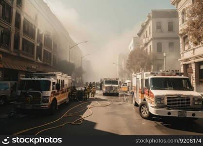 burned city street with fire trucks and ambulances responding to the emergency, created with generative ai. burned city street with fire trucks and ambulances responding to the emergency