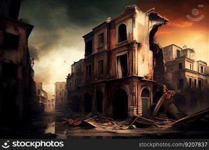burned ruined houses in city after aftermath earthquake, created with generative ai. burned ruined houses in city after aftermath earthquake
