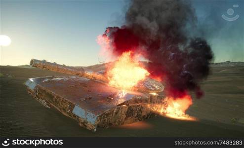 burned tank in the desert at sunset