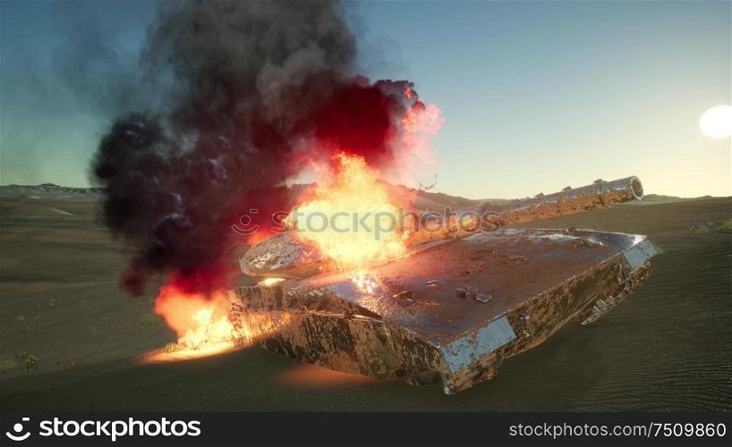 burned tank in the desert at sunset
