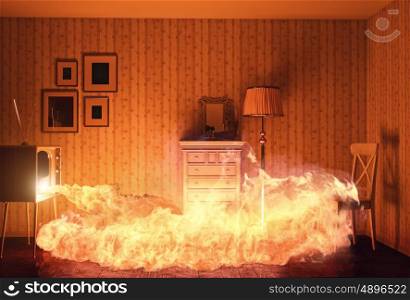 burnig room from fire in tv. 3d creative concept