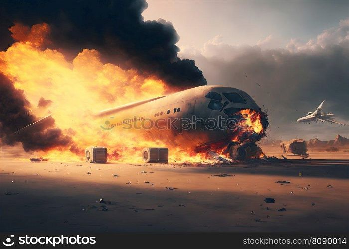 Burning airplane on fire accident in international airport. Neural network AI generated art. Burning airplane on fire accident in international airport. Neural network generated art